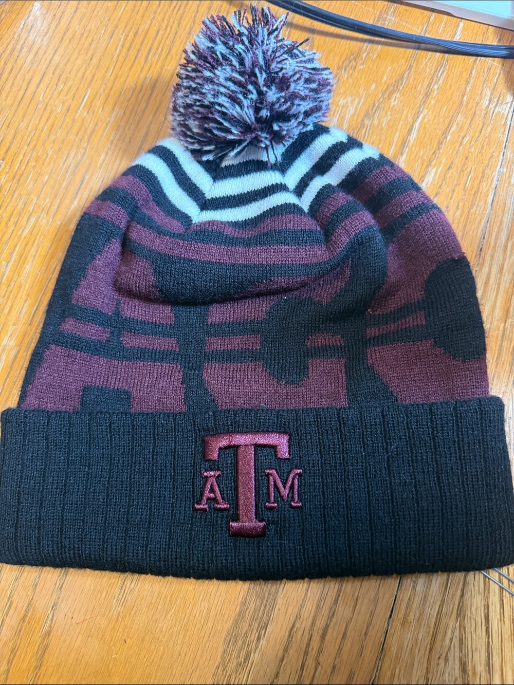 Vans Maroon, Black and White Pom Pom Cuffed Beanie with A&M Logo